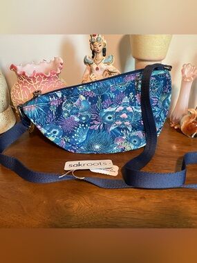 Sakroots Navy Tess Floral Turtle Crescent Crossbody with Multicolor Print